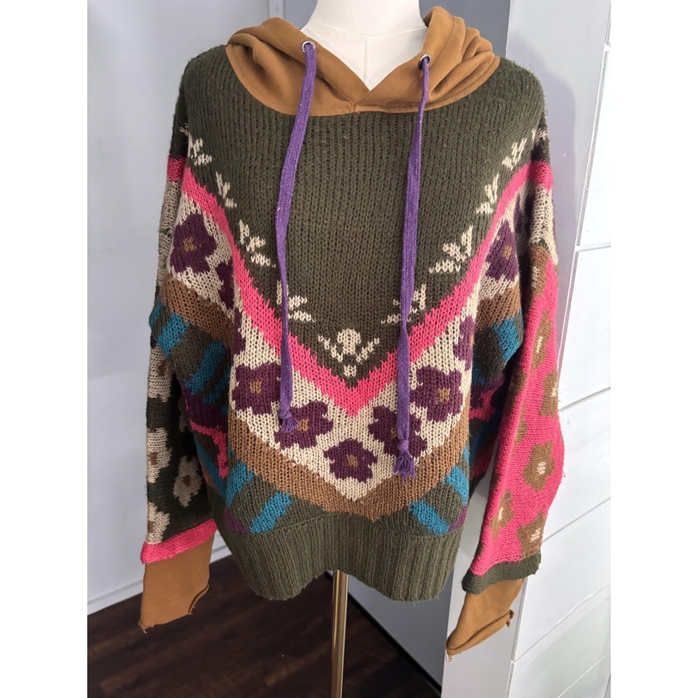 Natural Life Sweater Womens S/M Multicolor Floral Hooded Chunky Knit Boho - Picture 2 of 7